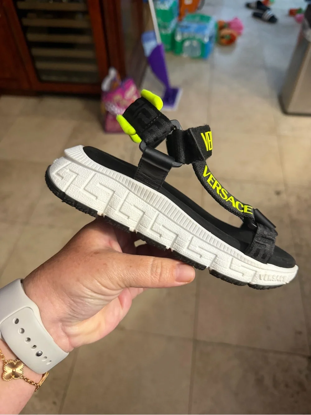 Versace Kids Black and Neon Yellow Logo Sport Sandals